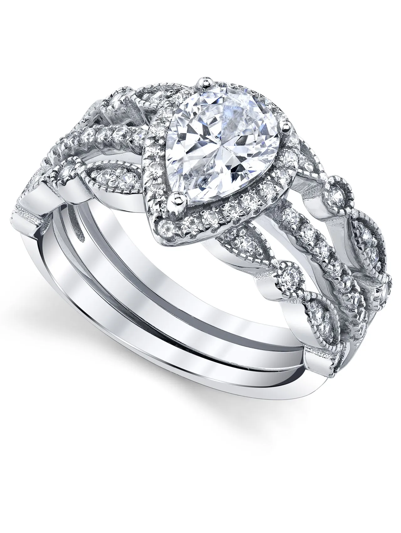 1.32Ct Sterling Silver 3Pc Pear Shape Bridal Set Engagement Wedding Ring CZ
