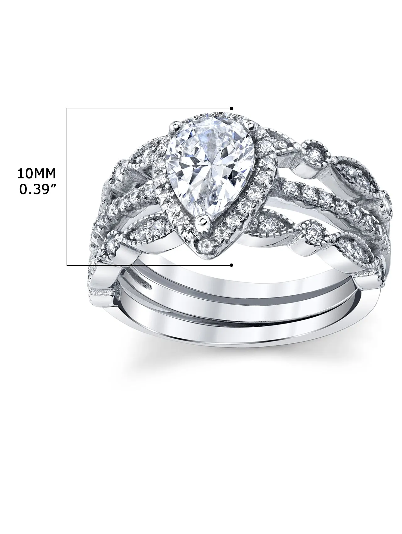1.32Ct Sterling Silver 3Pc Pear Shape Bridal Set Engagement Wedding Ring CZ