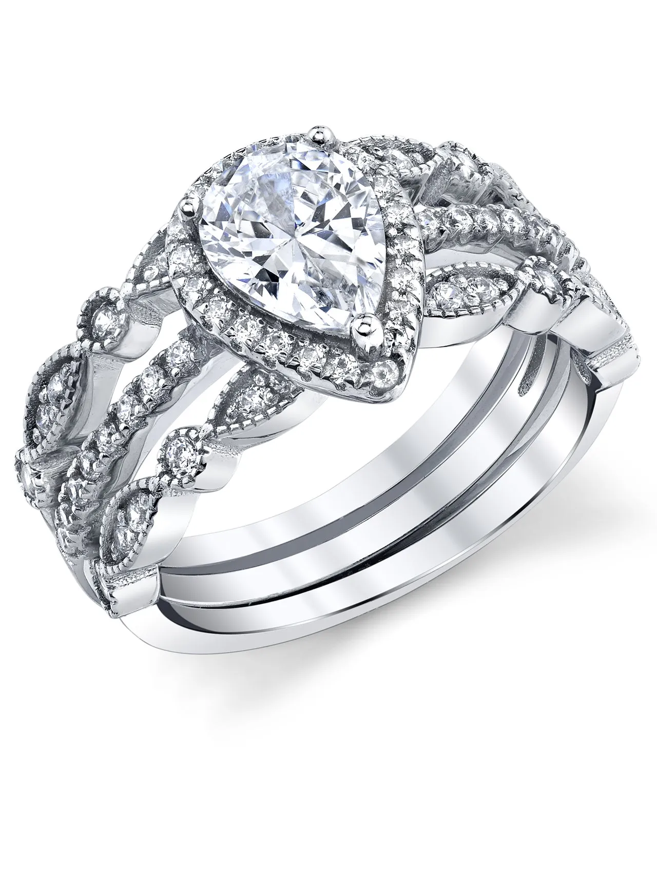 1.32Ct Sterling Silver 3Pc Pear Shape Bridal Set Engagement Wedding Ring CZ