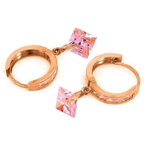 14K Solid Rose Gold Dangling Pink Cubic Zirconia Hoop Earrings