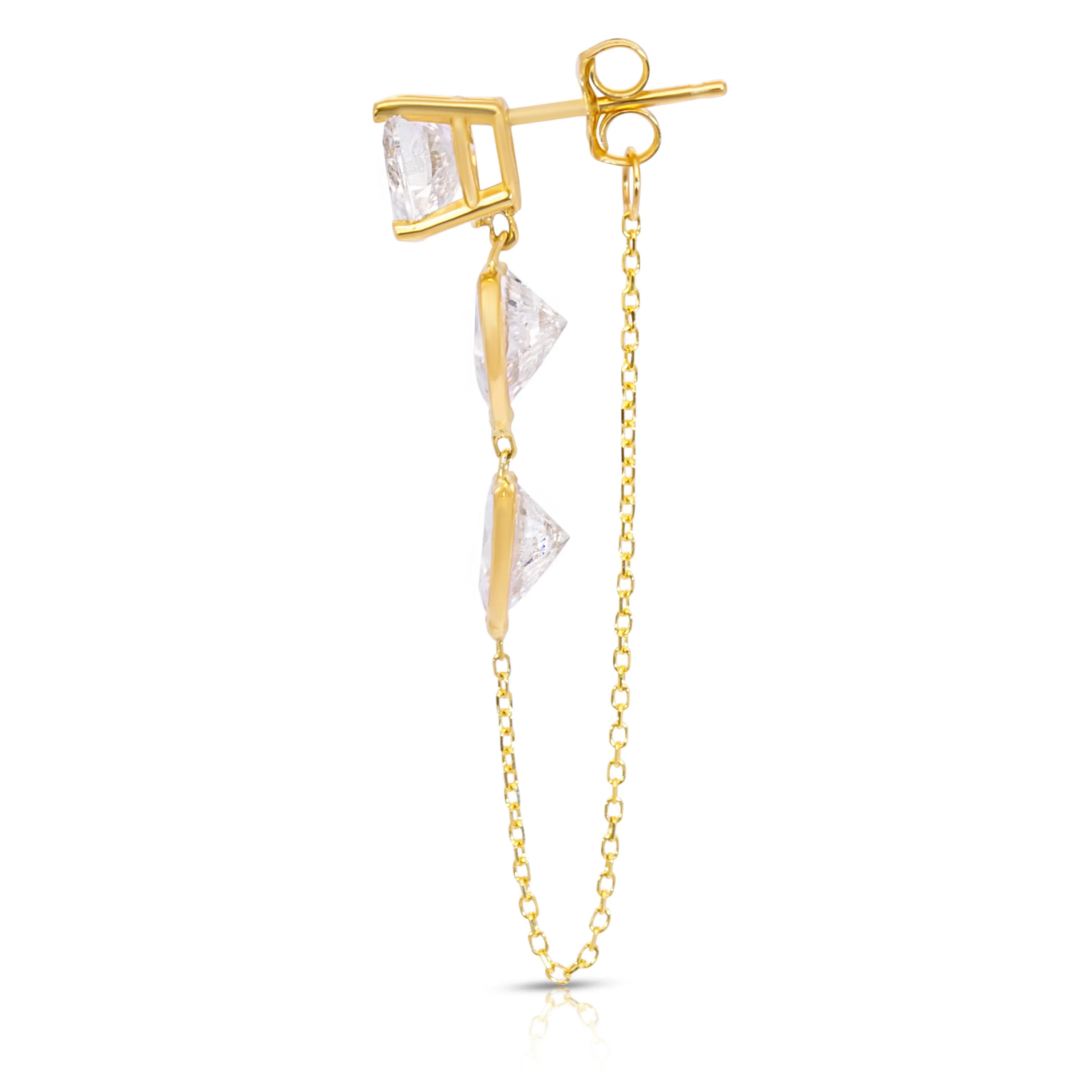 14K Yellow Gold Triple Heart-Shaped White Gemstones Chain Studs Earrings