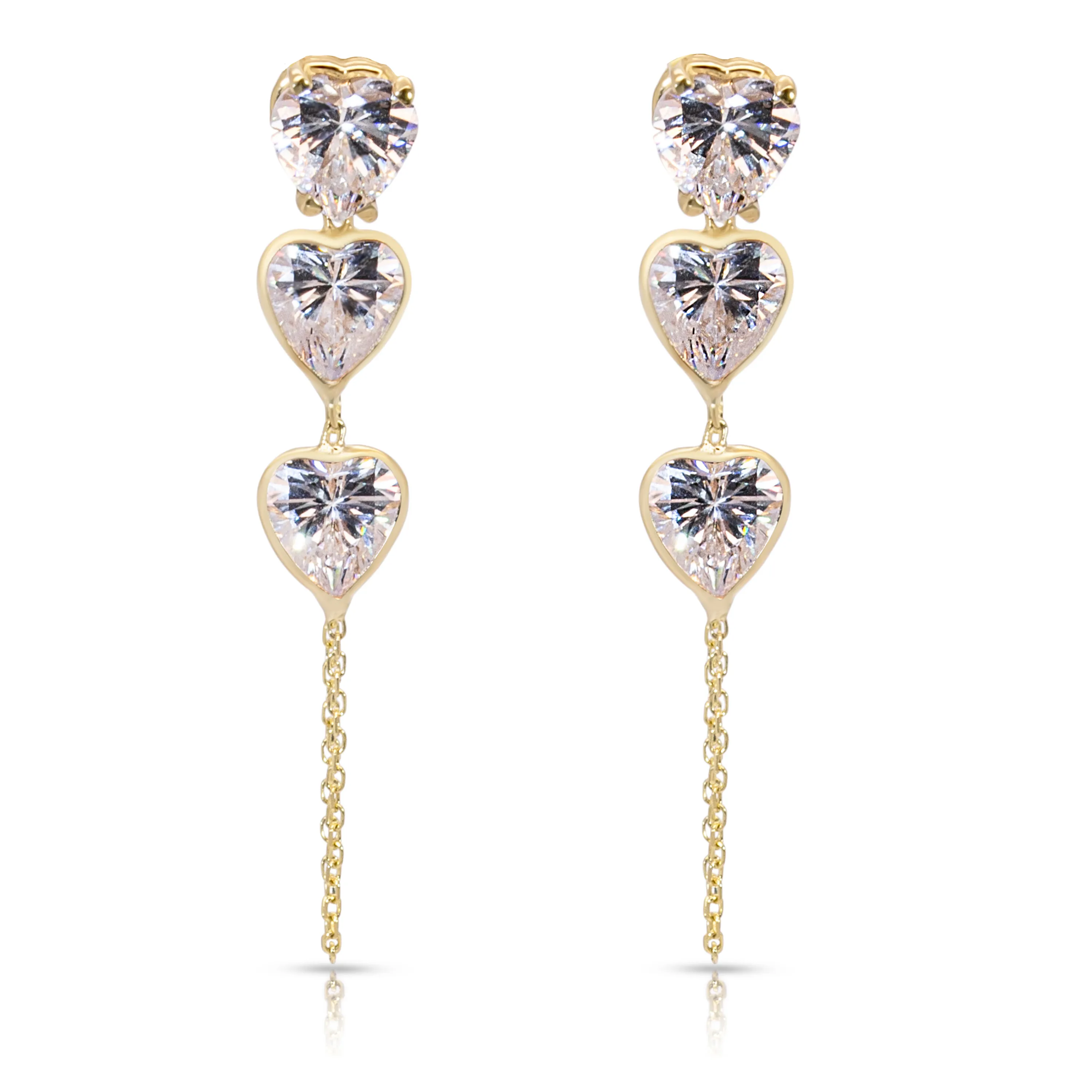 14K Yellow Gold Triple Heart-Shaped White Gemstones Chain Studs Earrings