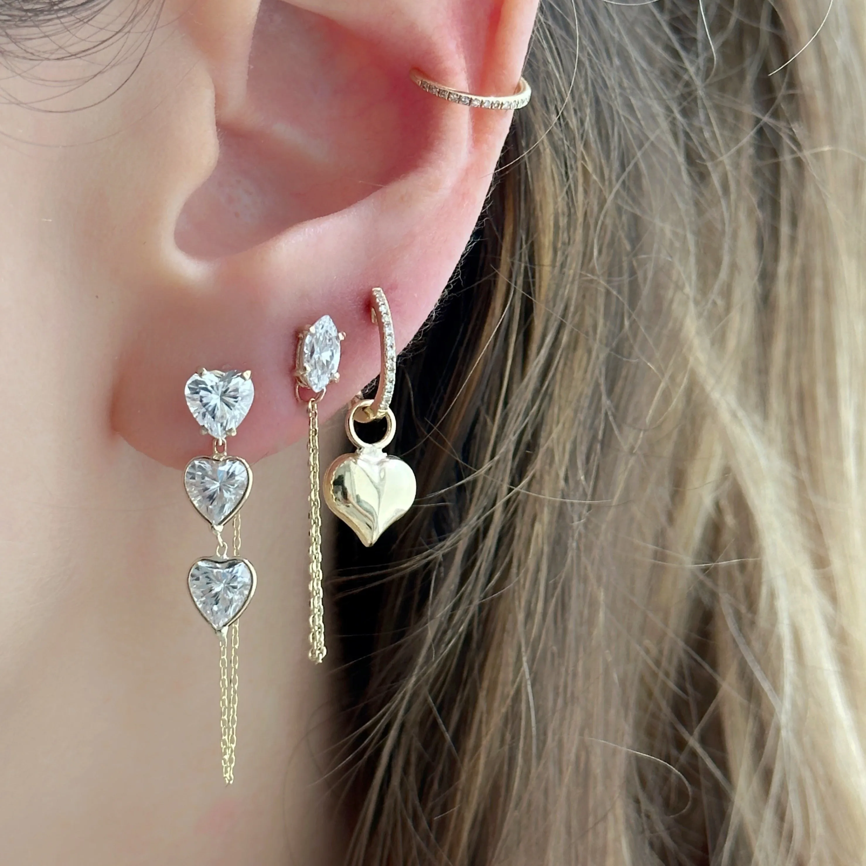 14K Yellow Gold Triple Heart-Shaped White Gemstones Chain Studs Earrings