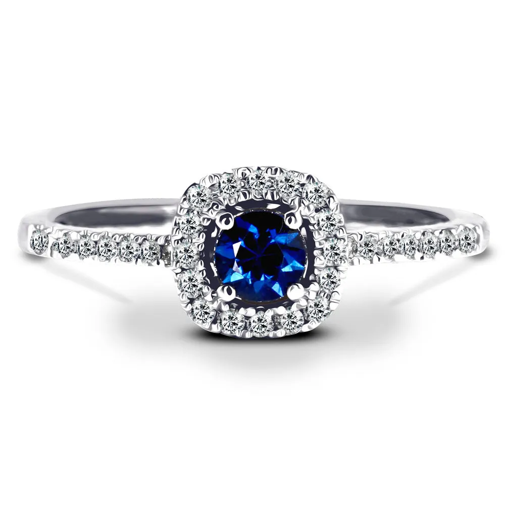 18ct White Gold 0.27ct Round Brilliant Cut Sapphire and 0.18ct Diamond Halo and Diamond Set Shoulders Ring
