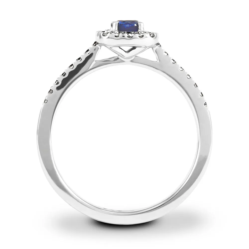 18ct White Gold 0.27ct Round Brilliant Cut Sapphire and 0.18ct Diamond Halo and Diamond Set Shoulders Ring