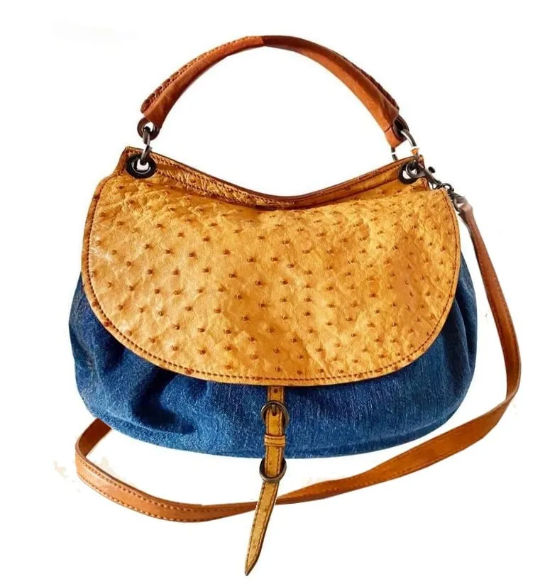 2000s miu miu ostrich leather denim top handle Hobo Flap Bag