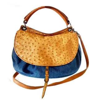2000s miu miu ostrich leather denim top handle Hobo Flap Bag