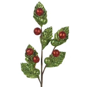 50cm Green & Red Glitter Balls with Leaf Stem