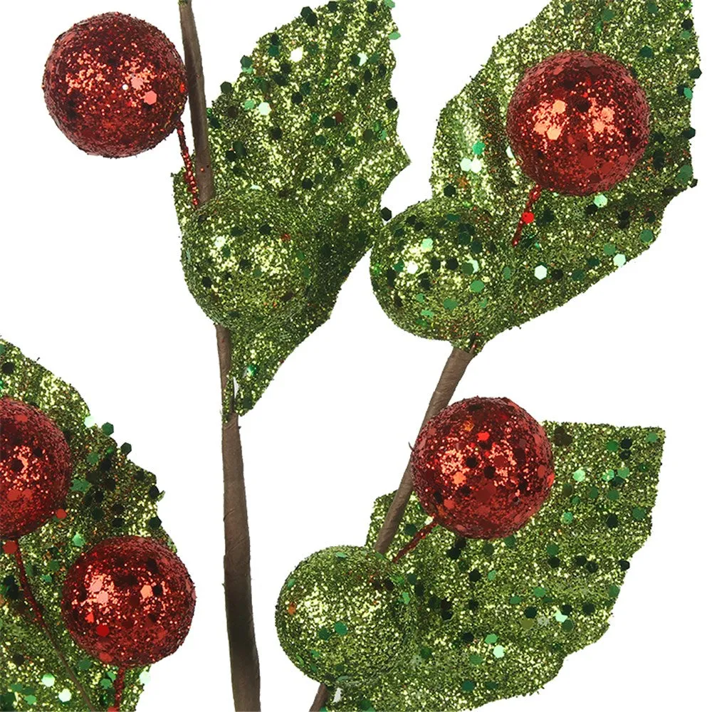 50cm Green & Red Glitter Balls with Leaf Stem