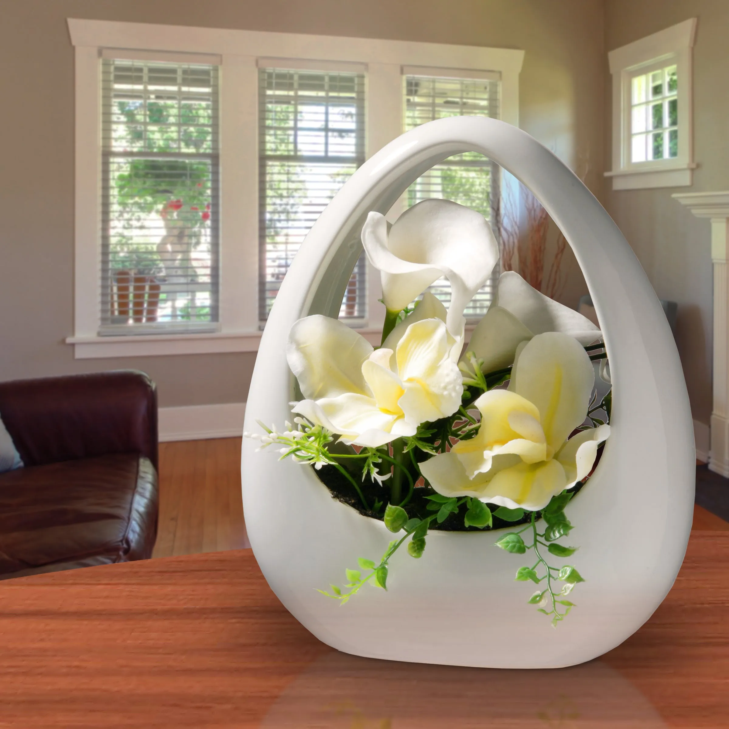 Artificial Potted Flowers, White Lilies and Orchids, Includes White Base, Spring Collection, 9 Inches