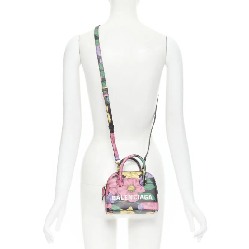 BALENCIAGA Ville XXS black floral logo print top handle crossbody bag