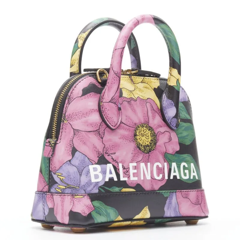 BALENCIAGA Ville XXS black floral logo print top handle crossbody bag
