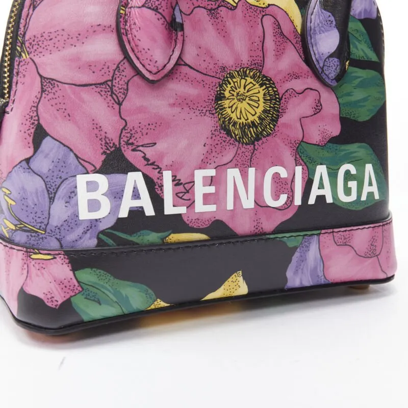 BALENCIAGA Ville XXS black floral logo print top handle crossbody bag