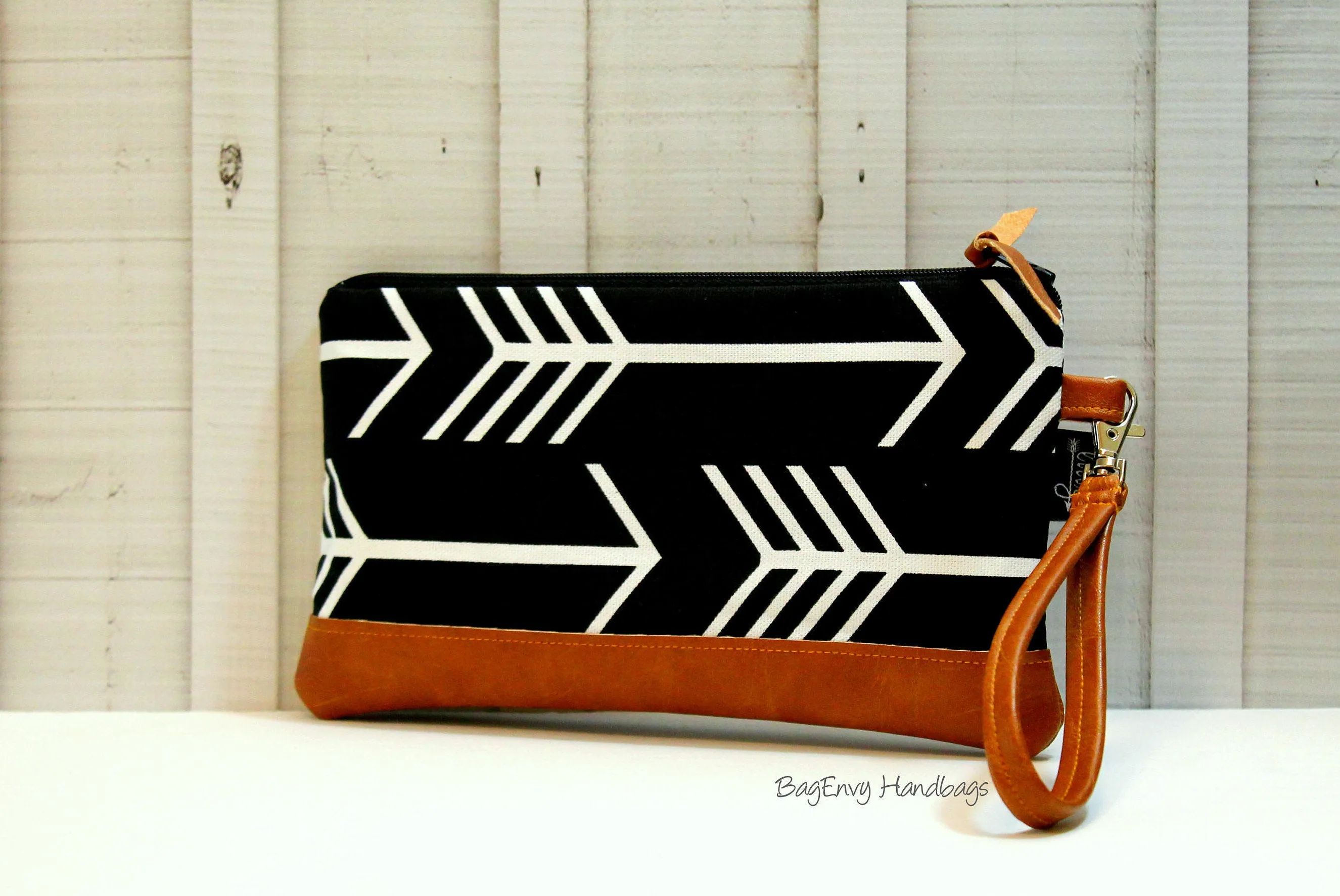 Black Arrows with Vegan Leather - Zippered Wristlet Clutch /  Bridesmaid Gift- Accessory Make Up Bag -