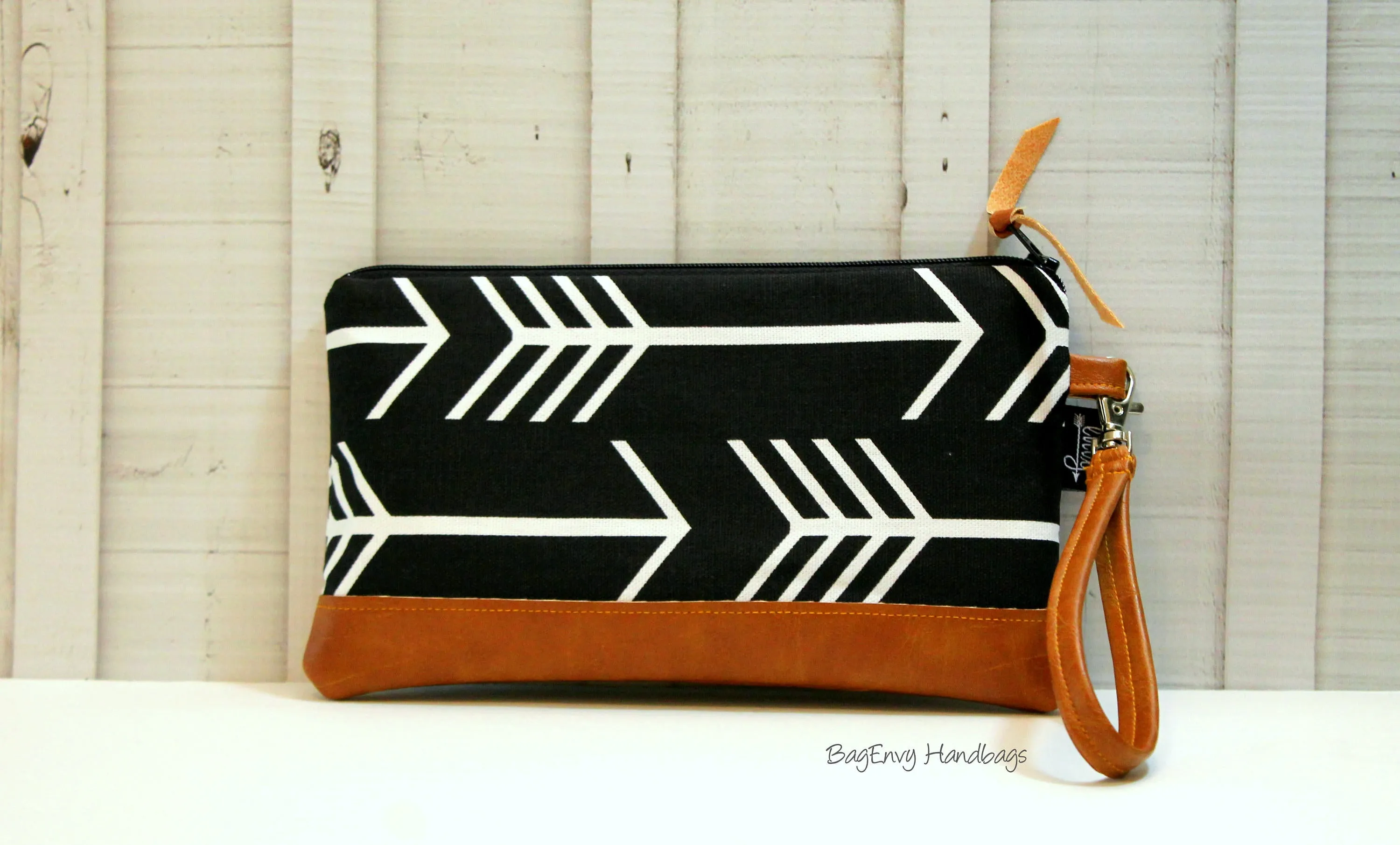 Black Arrows with Vegan Leather - Zippered Wristlet Clutch /  Bridesmaid Gift- Accessory Make Up Bag -
