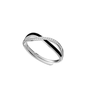 Black Colour Interweave X with Zircon Silver Ring for Women