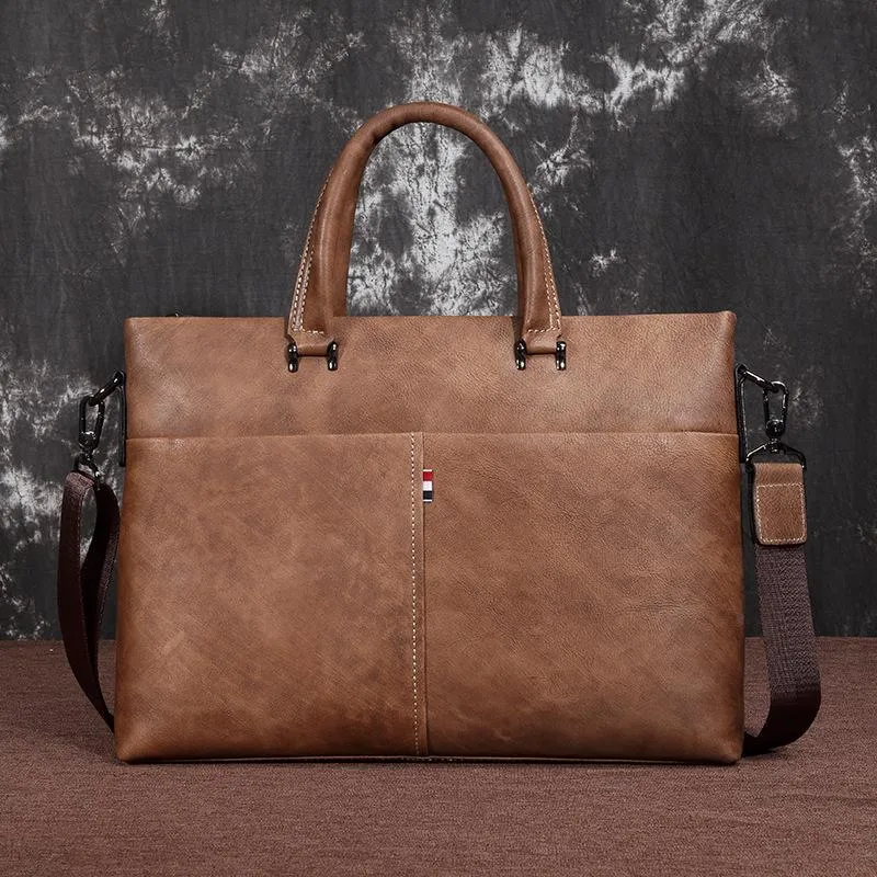 Brown Leather Men 13 inches Vintage Briefcase Handbag Gray Brown Laptop Handbag Side Bag For Men