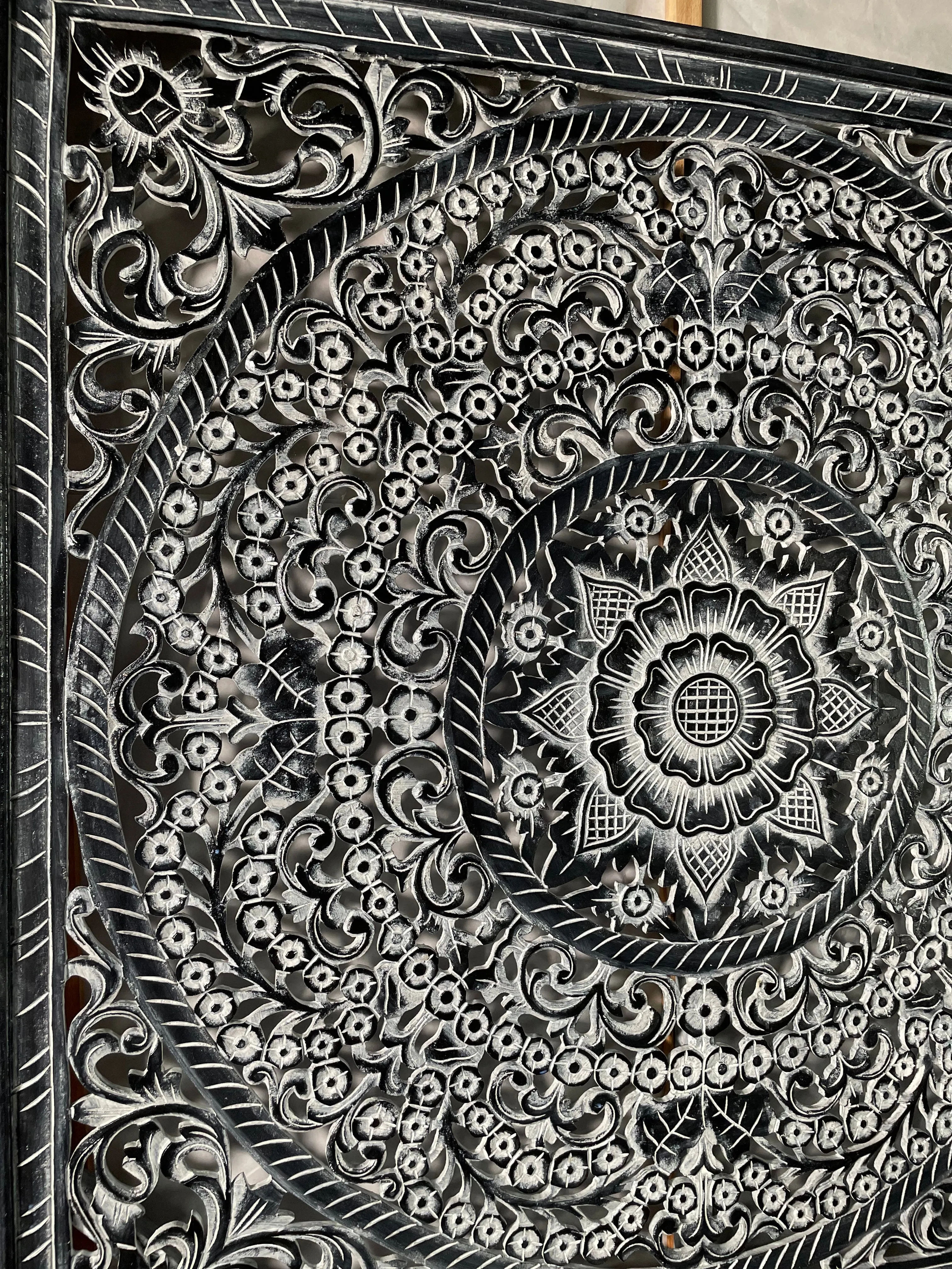 Carved Bed Headboard "Peony" - Monochrome Wash - Export