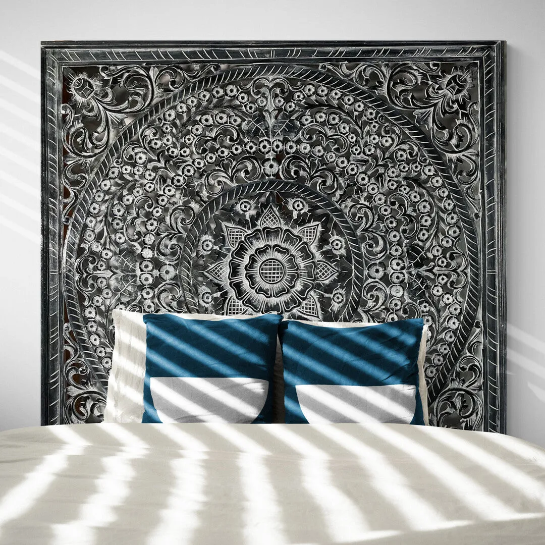 Carved Bed Headboard "Peony" - Monochrome Wash - Export