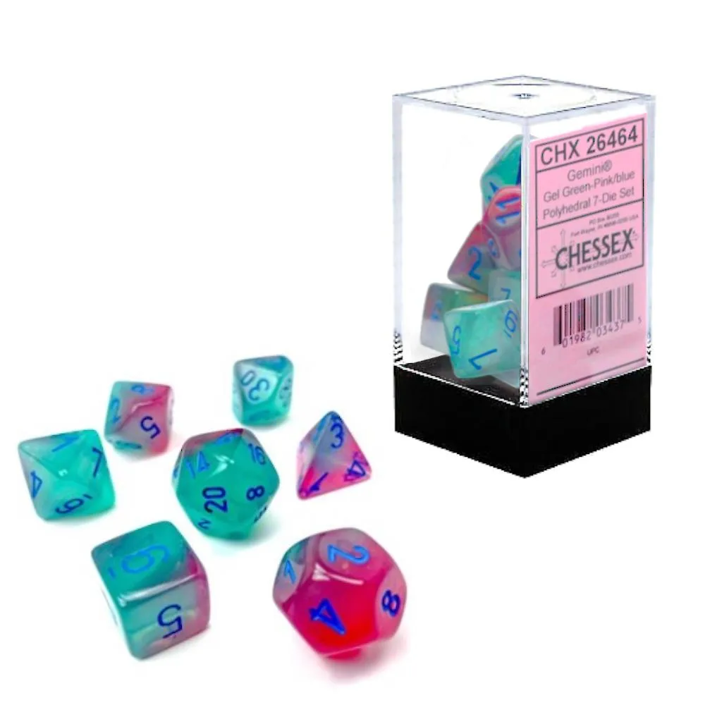Chessex Gemini 7pc Polyhedral Dice Set - Gel Glow Green-Pink & Blue