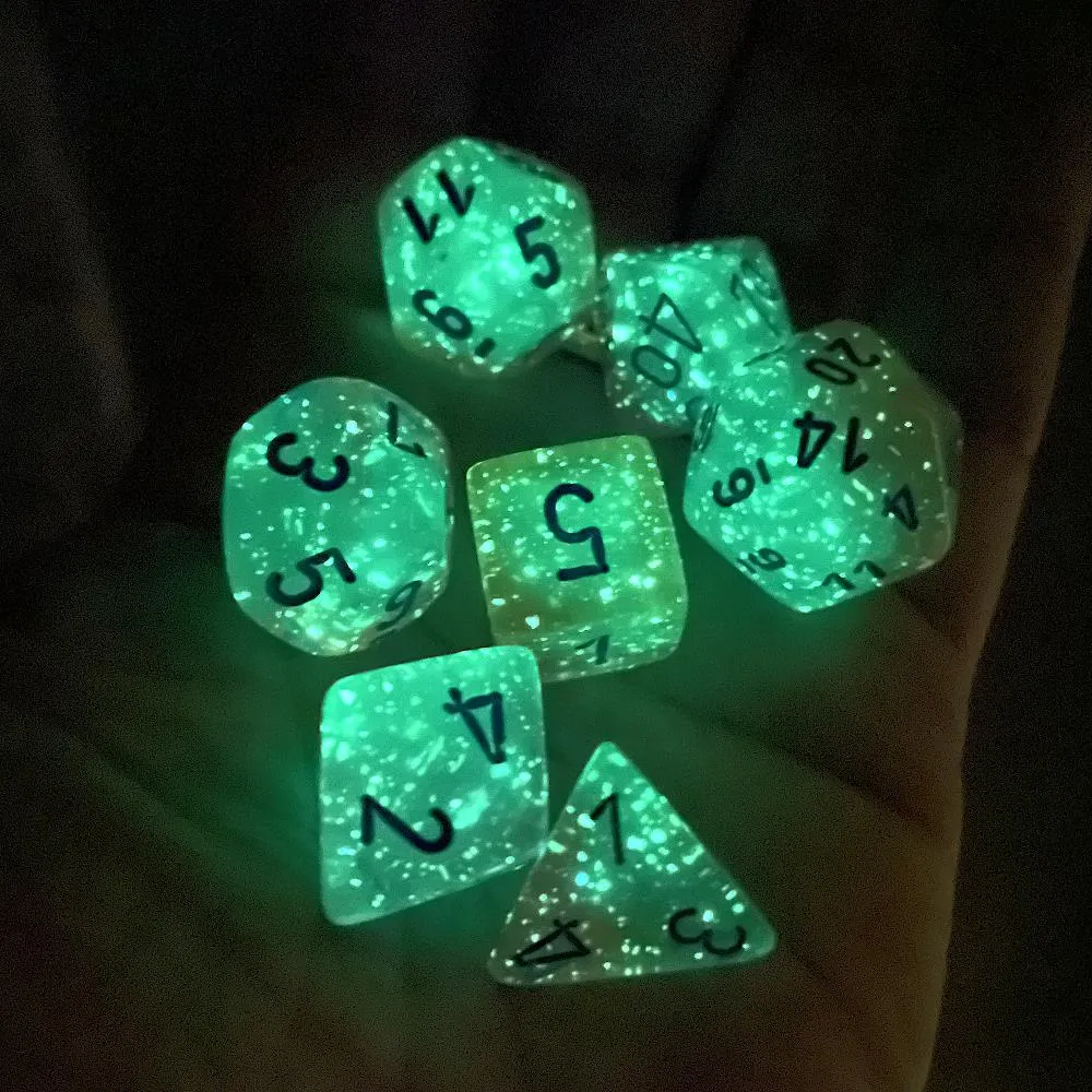 Chessex Gemini 7pc Polyhedral Dice Set - Gel Glow Green-Pink & Blue