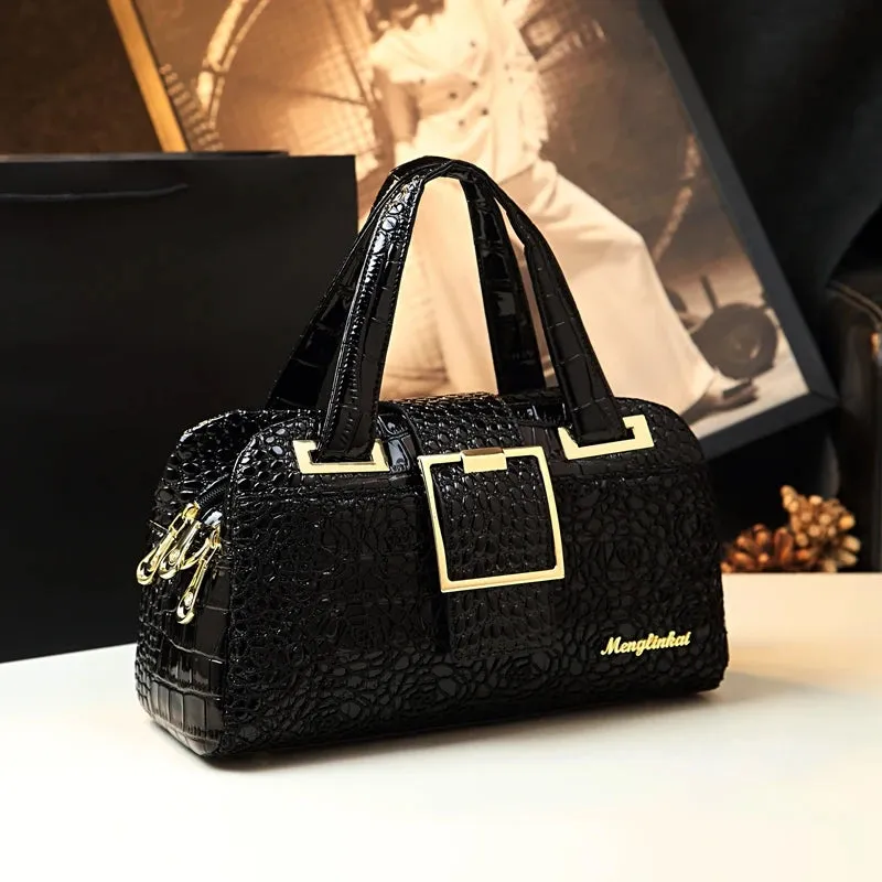 Chic 3-Layer Boston Bag with Crocodile Embossed Texture