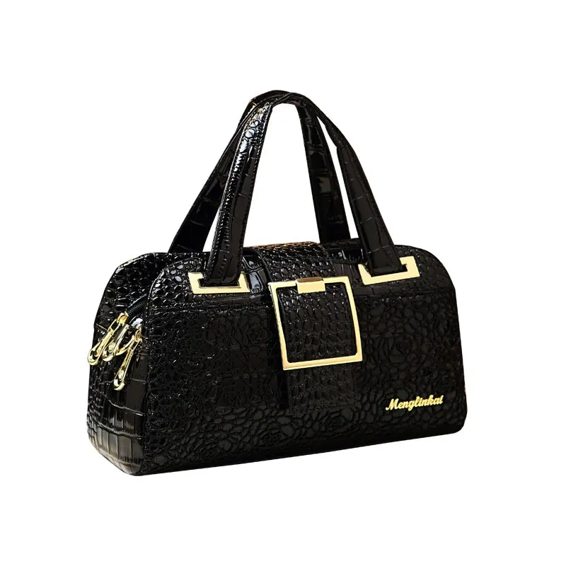 Chic 3-Layer Boston Bag with Crocodile Embossed Texture
