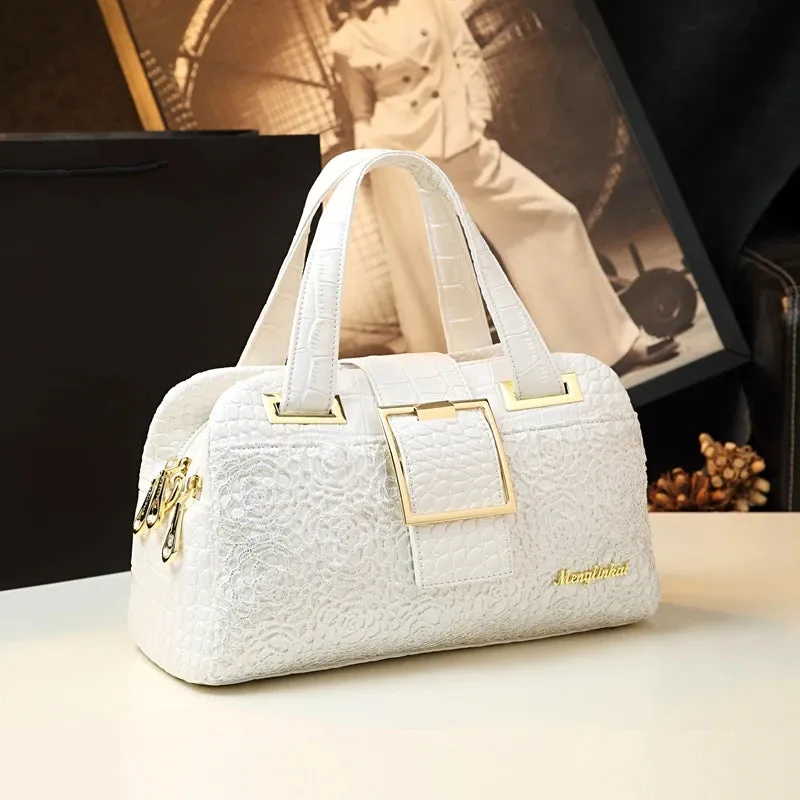 Chic 3-Layer Boston Bag with Crocodile Embossed Texture