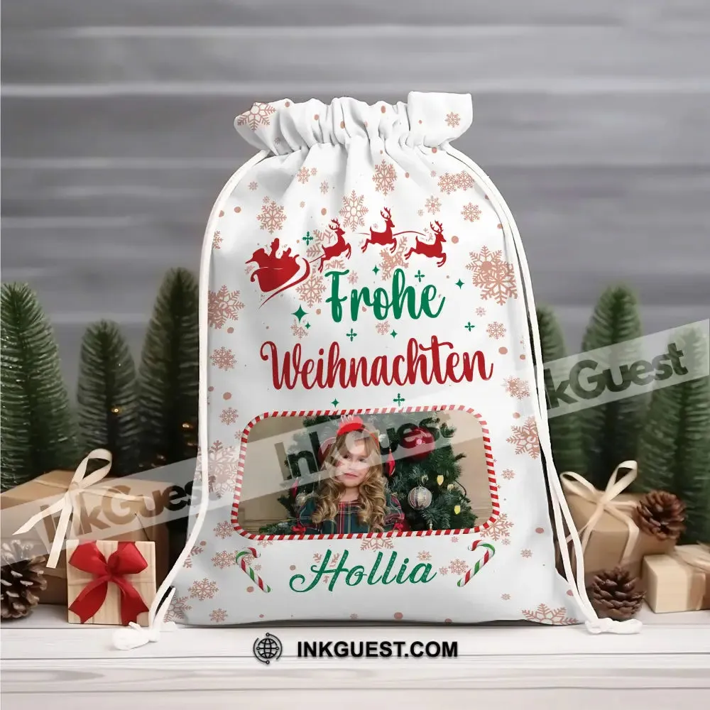 Christmas Frohe Weihnachten Custom Photo And Text, Personalized String Bag, Christmas Gift
