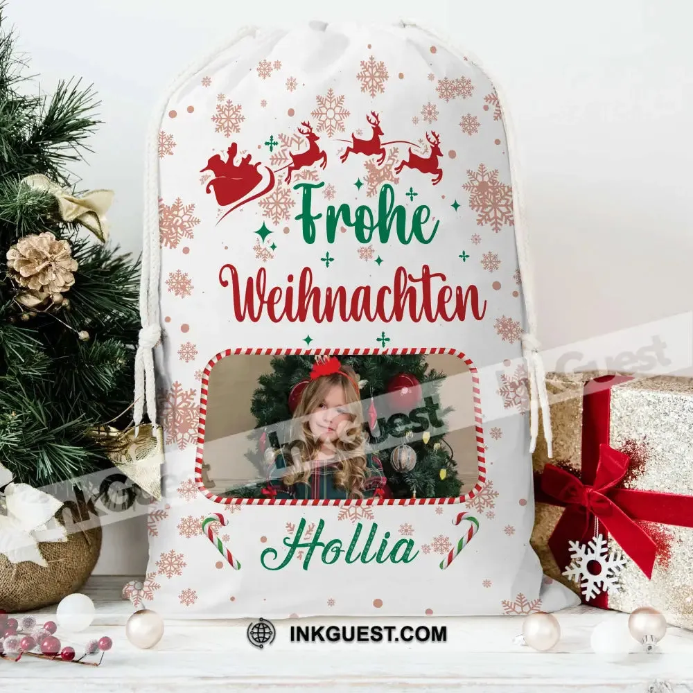 Christmas Frohe Weihnachten Custom Photo And Text, Personalized String Bag, Christmas Gift