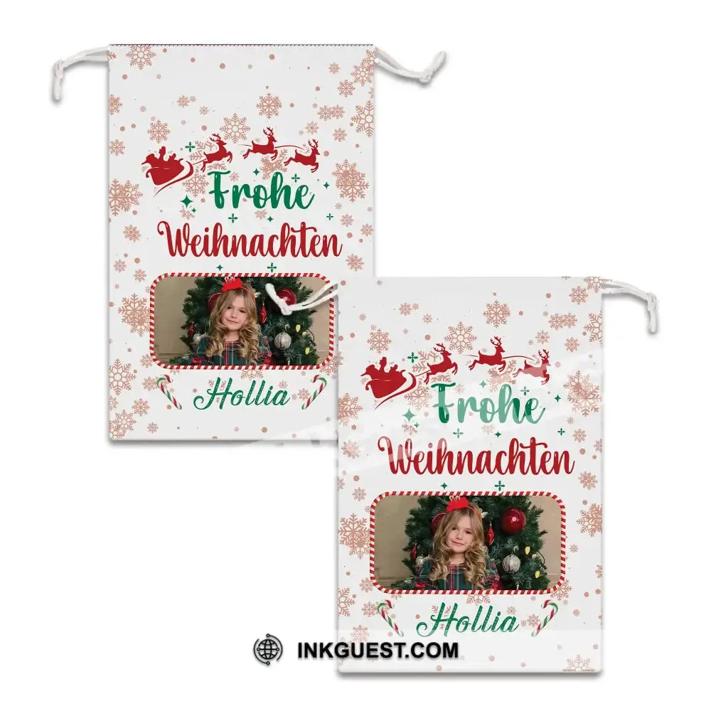 Christmas Frohe Weihnachten Custom Photo And Text, Personalized String Bag, Christmas Gift