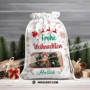 Christmas Frohe Weihnachten Custom Photo And Text, Personalized String Bag, Christmas Gift