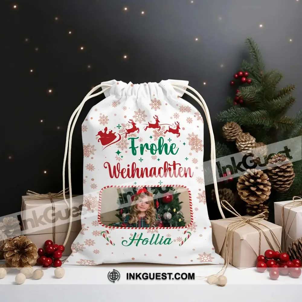 Christmas Frohe Weihnachten Custom Photo And Text, Personalized String Bag, Christmas Gift