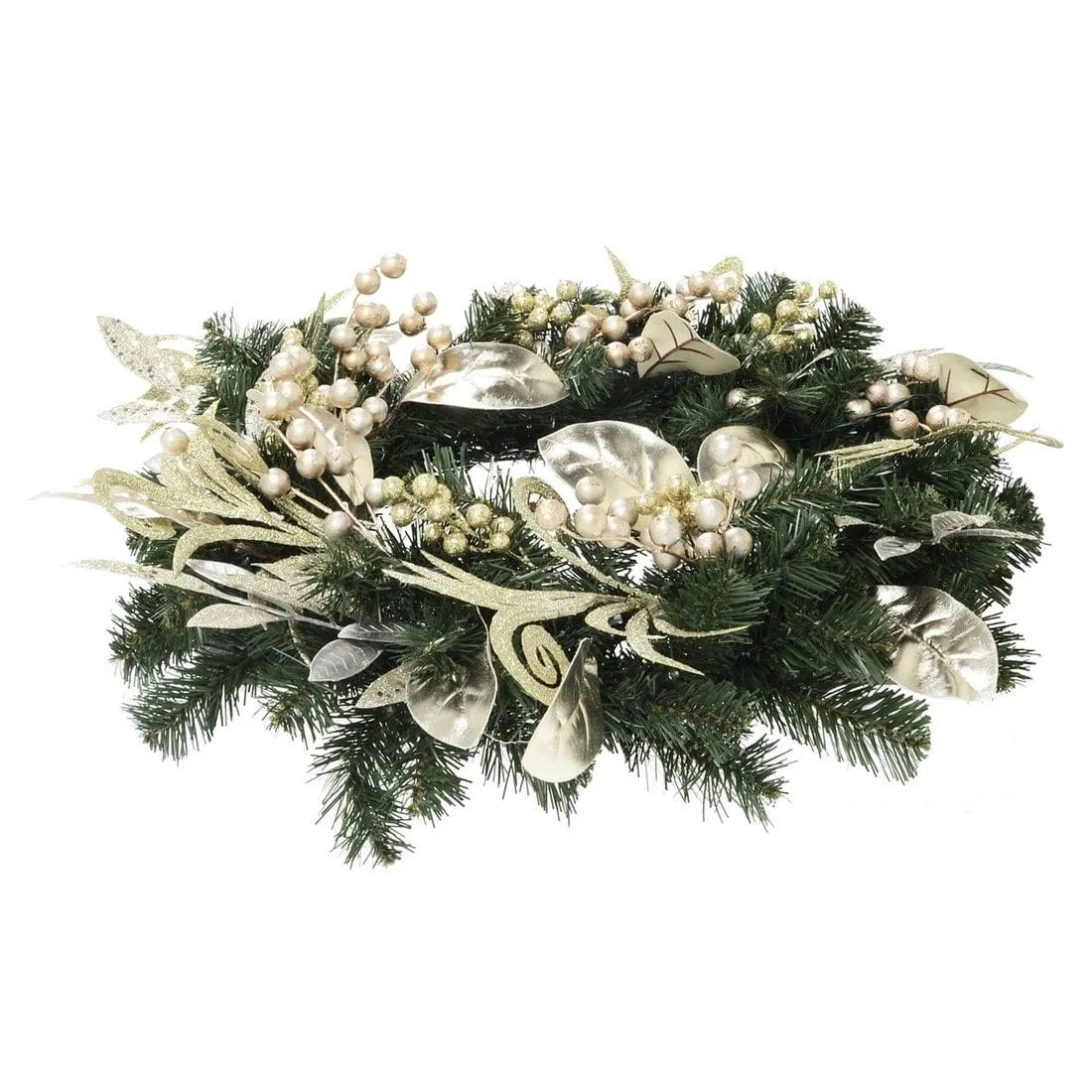 Christmas Wreath Pre-Lit Silver Gold Leaf Berries 60cm (2ft)
