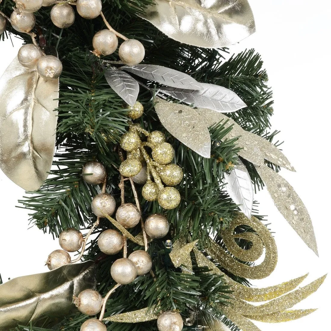 Christmas Wreath Pre-Lit Silver Gold Leaf Berries 60cm (2ft)