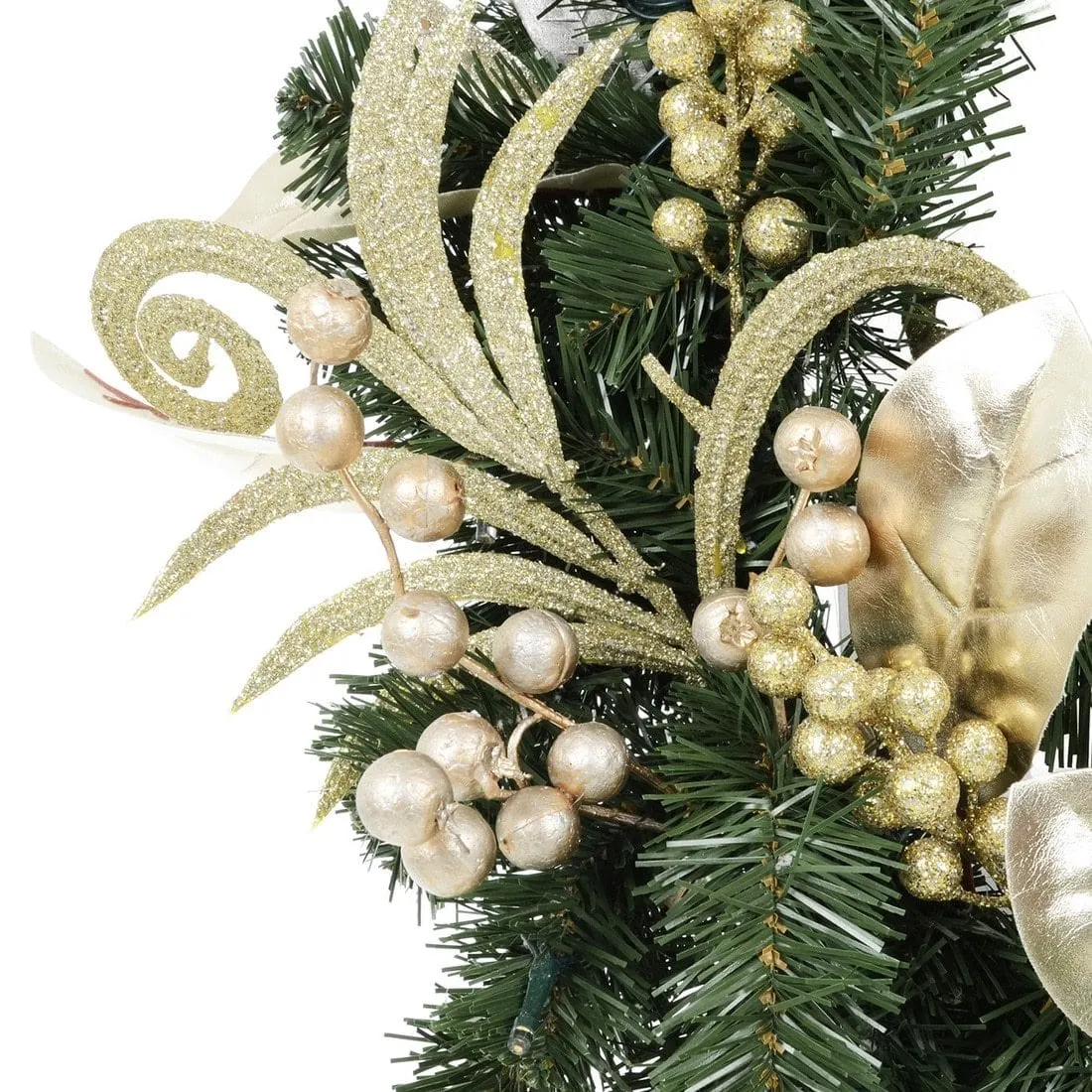 Christmas Wreath Pre-Lit Silver Gold Leaf Berries 60cm (2ft)