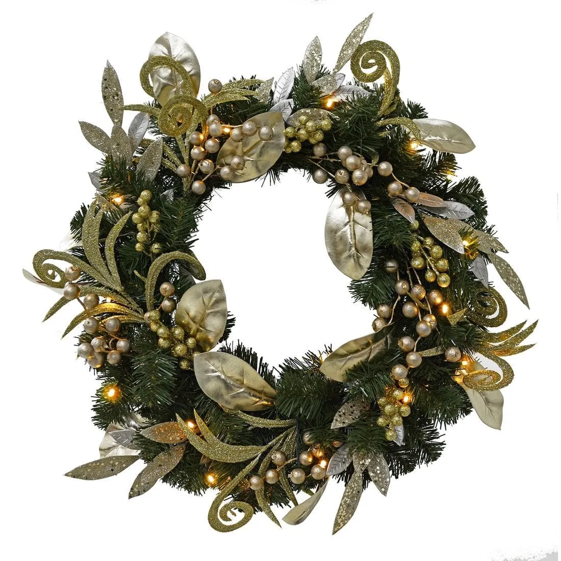 Christmas Wreath Pre-Lit Silver Gold Leaf Berries 60cm (2ft)