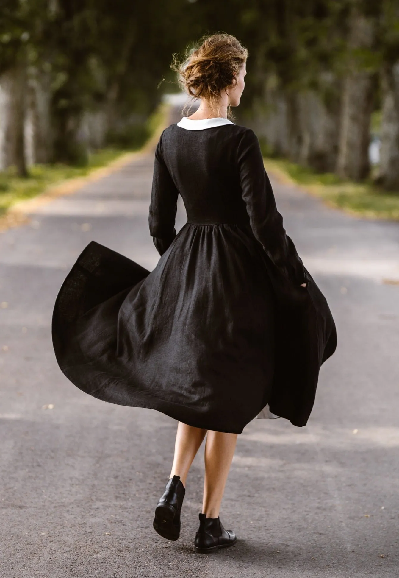 Classic Dress with Embroidered Garden Collar, Long Sleeve