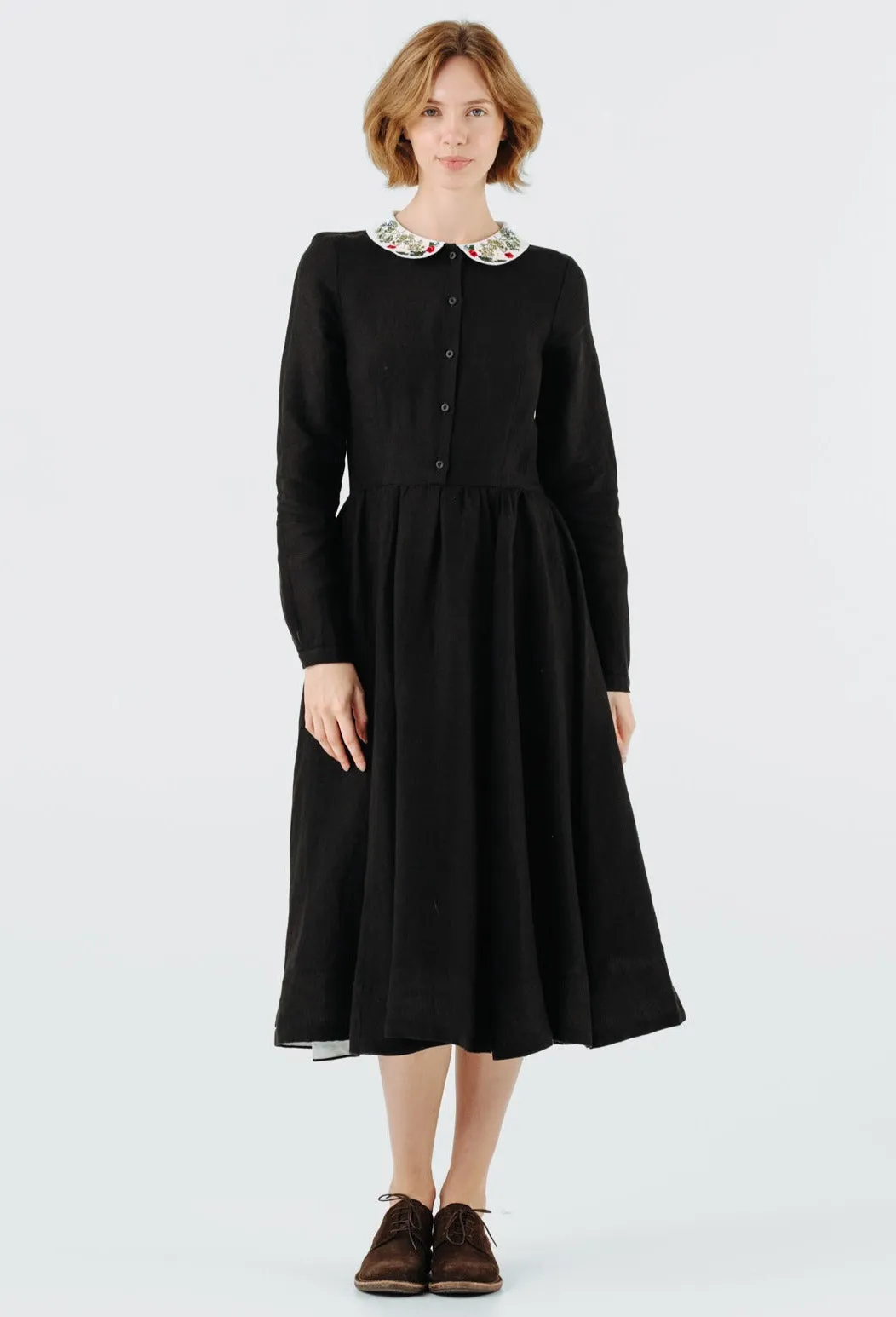 Classic Dress with Embroidered Garden Collar, Long Sleeve