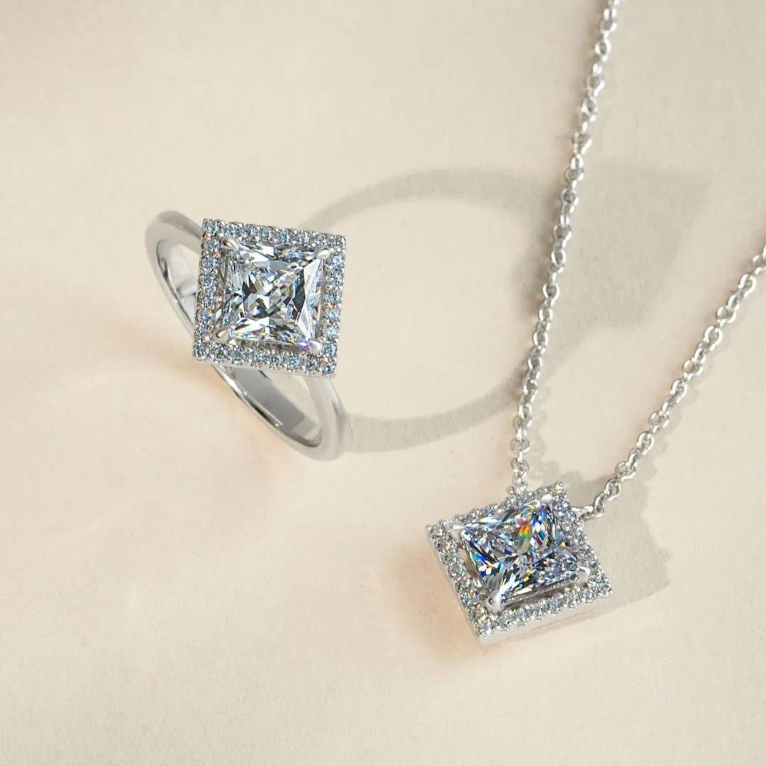 Classic Silver Rhodium Plated Lozenge Design Princess Cut CZ Halo Ring