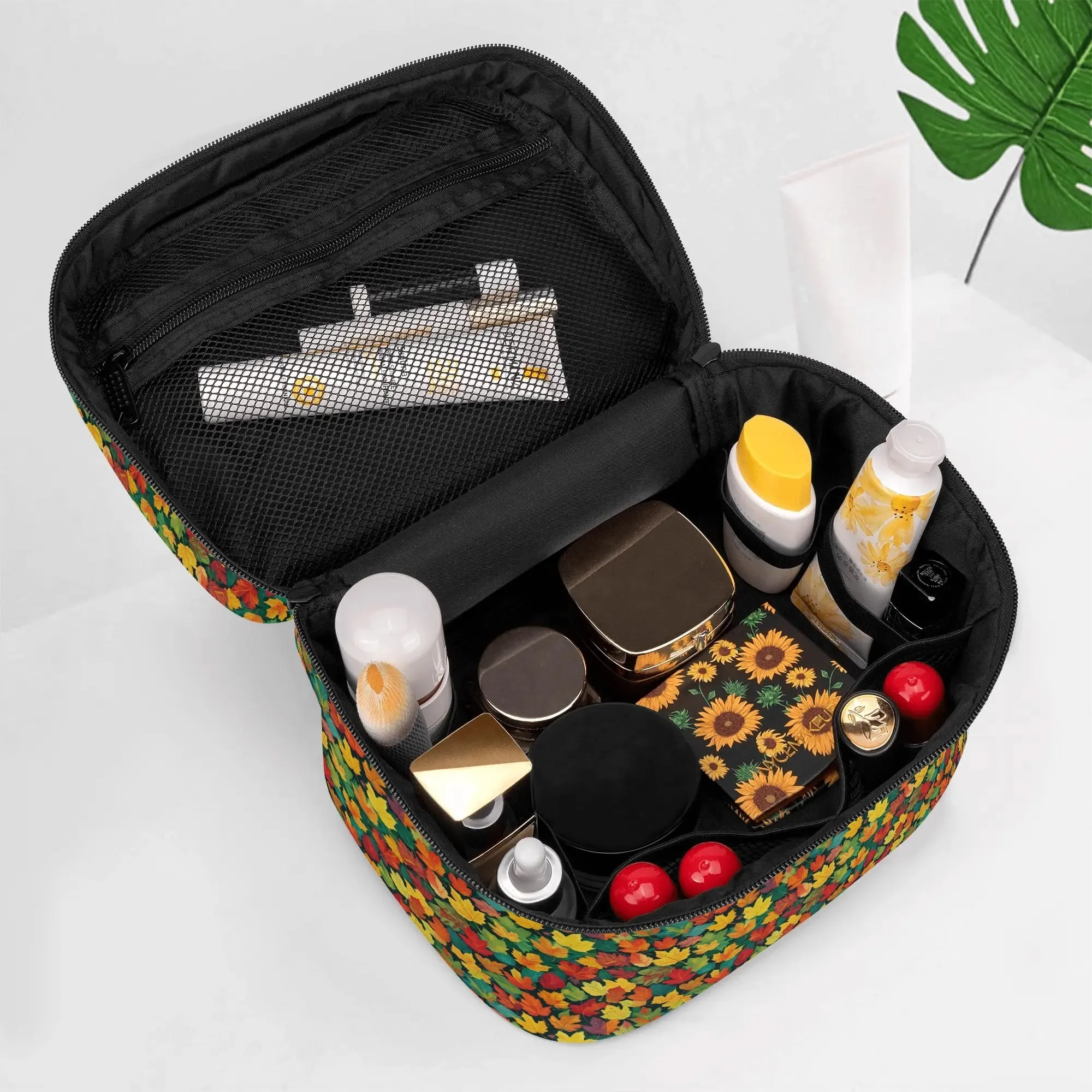 Colorful Leaves Leather Cosmetic Bag