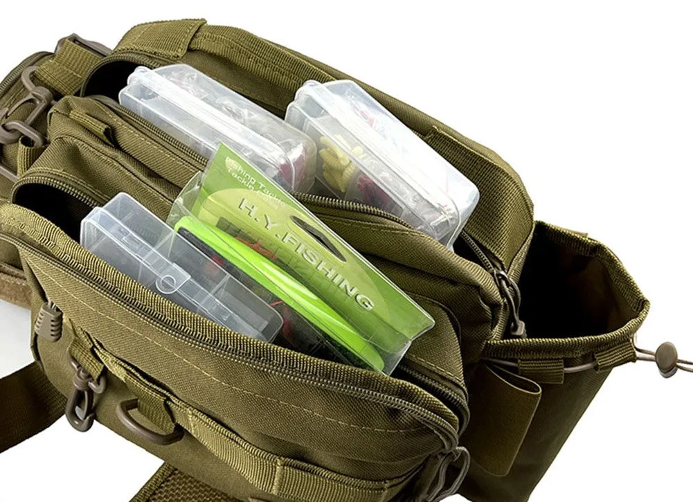 Crossbody Tackle Bag, 3 Zipper Compartments, Bottle Pocket, 2 Hooks