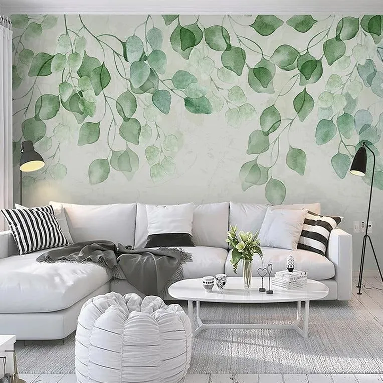 Custom Wallpaper Mural Pastoral Watercolor Green Leaves (㎡)