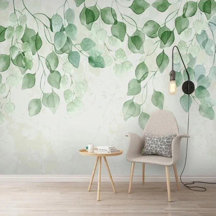 Custom Wallpaper Mural Pastoral Watercolor Green Leaves (㎡)