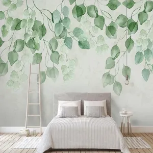 Custom Wallpaper Mural Pastoral Watercolor Green Leaves (㎡)
