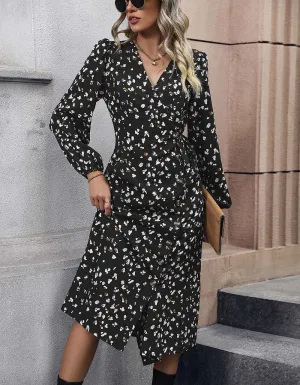 Disty Floral V Neck Mid-Waist Ruffle Button Belted Long A-Line Dresses