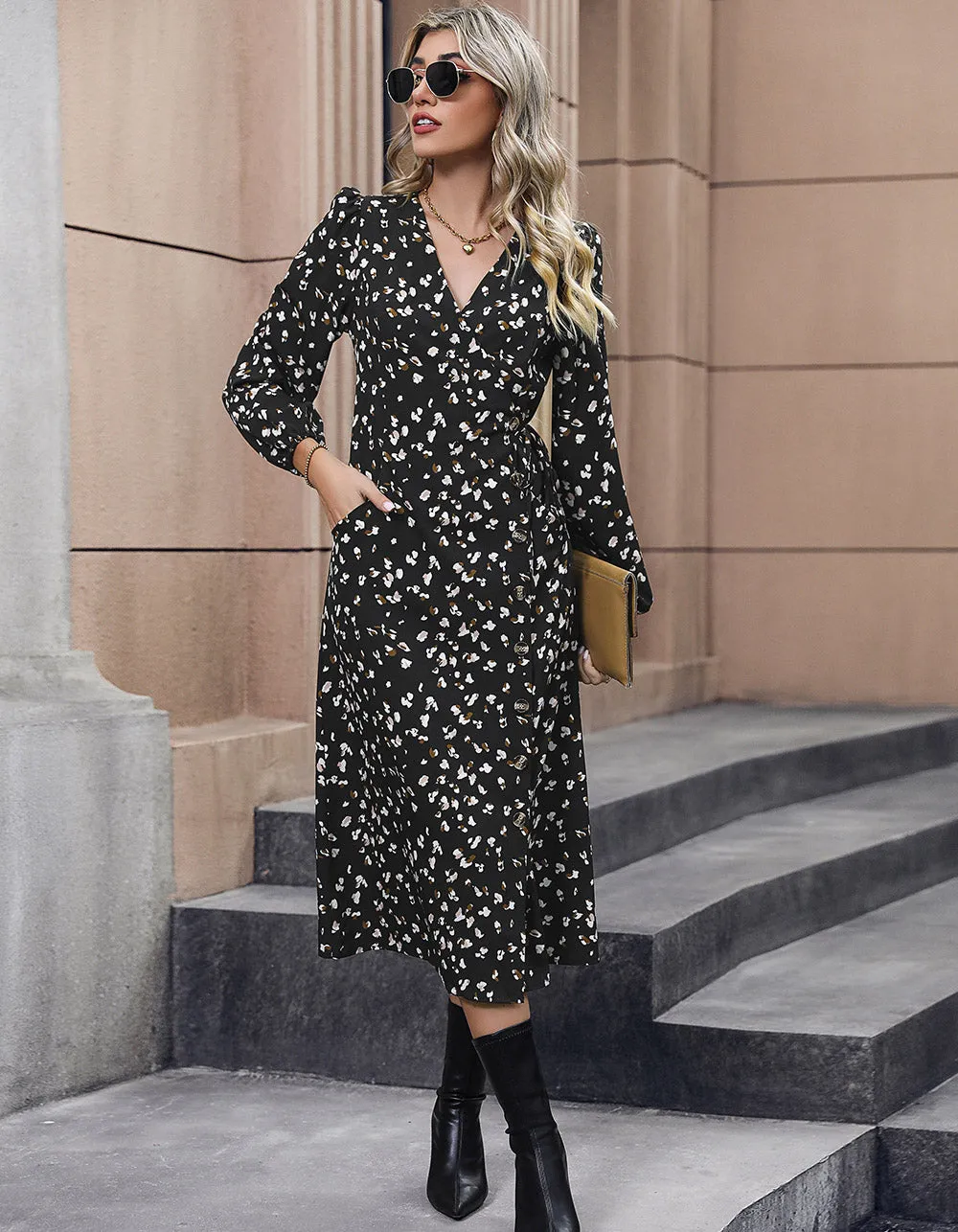 Disty Floral V Neck Mid-Waist Ruffle Button Belted Long A-Line Dresses