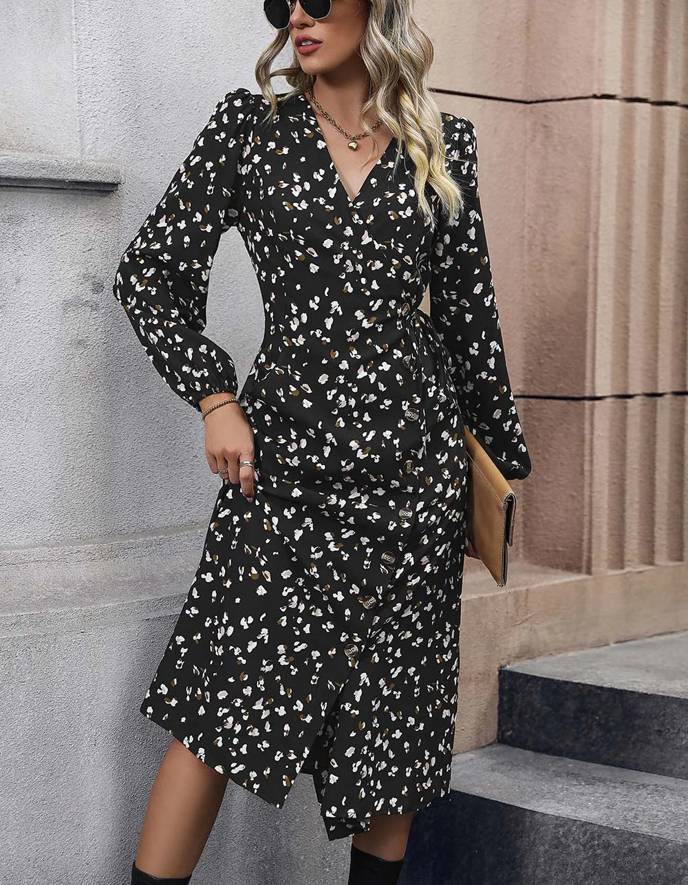 Disty Floral V Neck Mid-Waist Ruffle Button Belted Long A-Line Dresses