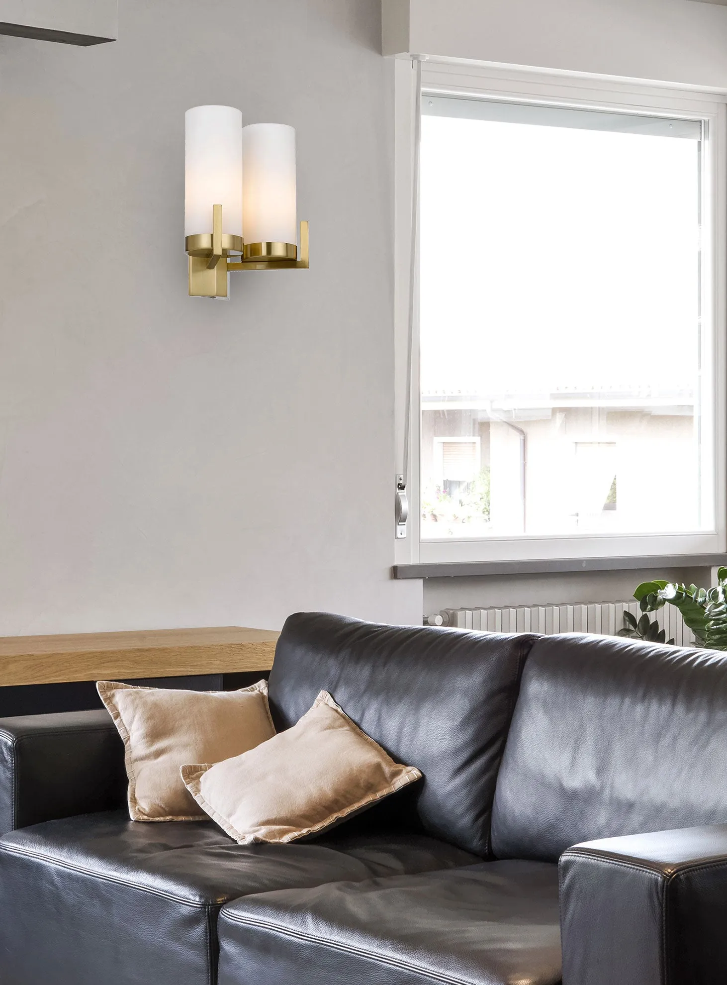 Eamon 2 Light Brass and Opal Glass Industrial Wall Light