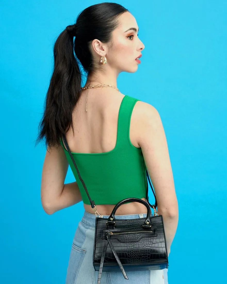Emilia Croc Handle Bag - Black